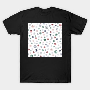 Winter pattern from colorful snowflakes on white T-Shirt